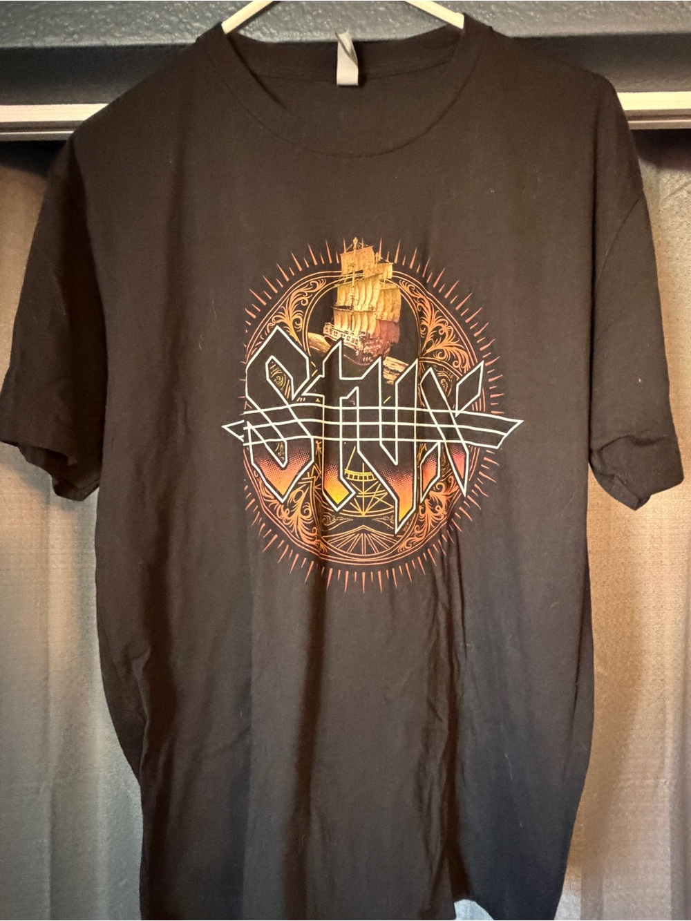 Styx tour shirt . Black Graphic Crewneck T‑Shirt with Orange Ship Emblem